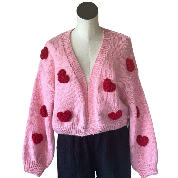 NWT LUNA IVY Heart 3D Knitted Chunky Cardigan Sweater Pink Red Open Front - Picture 2 of 9